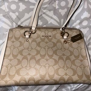 Coach Beige Signature Canvas Shoulder Bag with White Trim